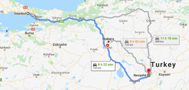 Istanbul to Cappadocia Distance Map