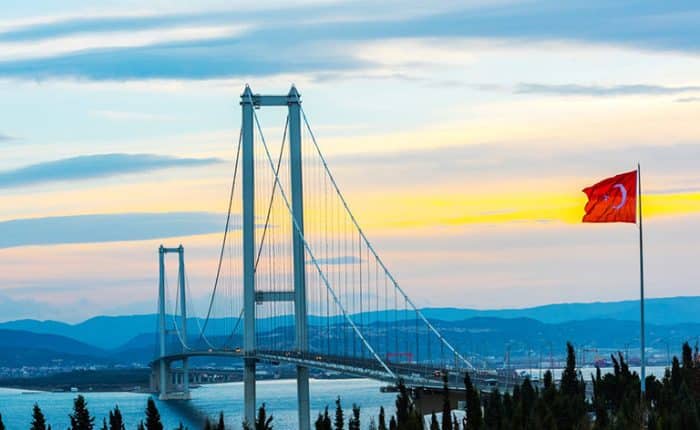 Bosphorus Strait Bridge with Turkish Flag